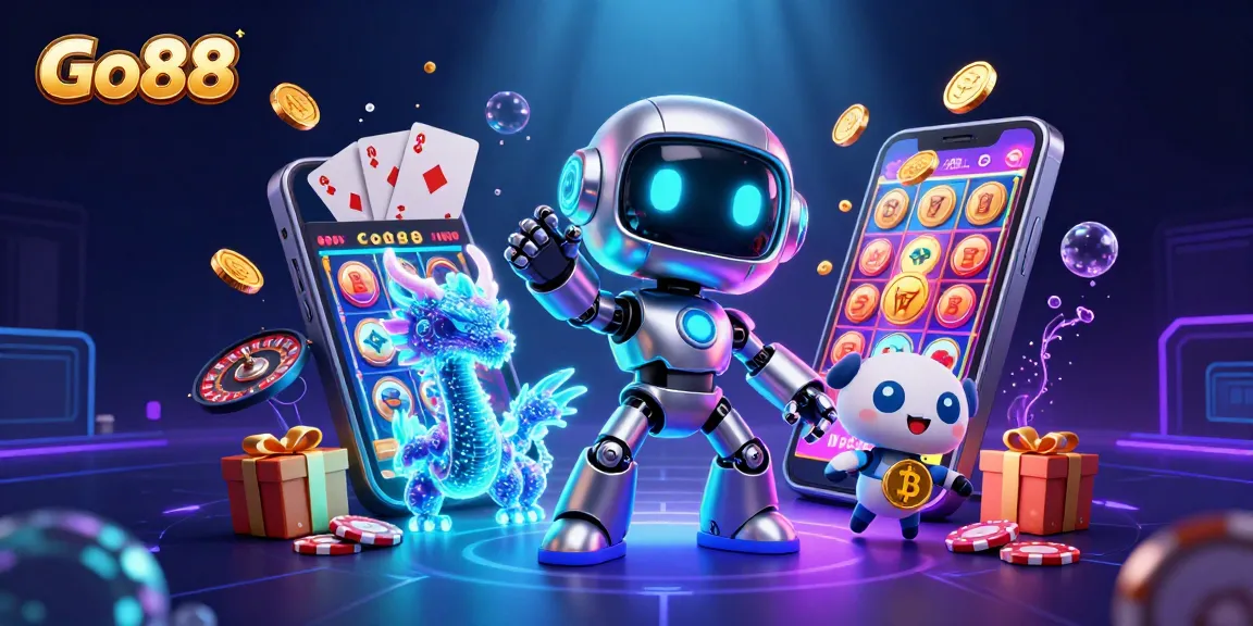 Engage in thrilling gaming at Go88 with our dynamic 3D illustration featuring vibrant casino elements.