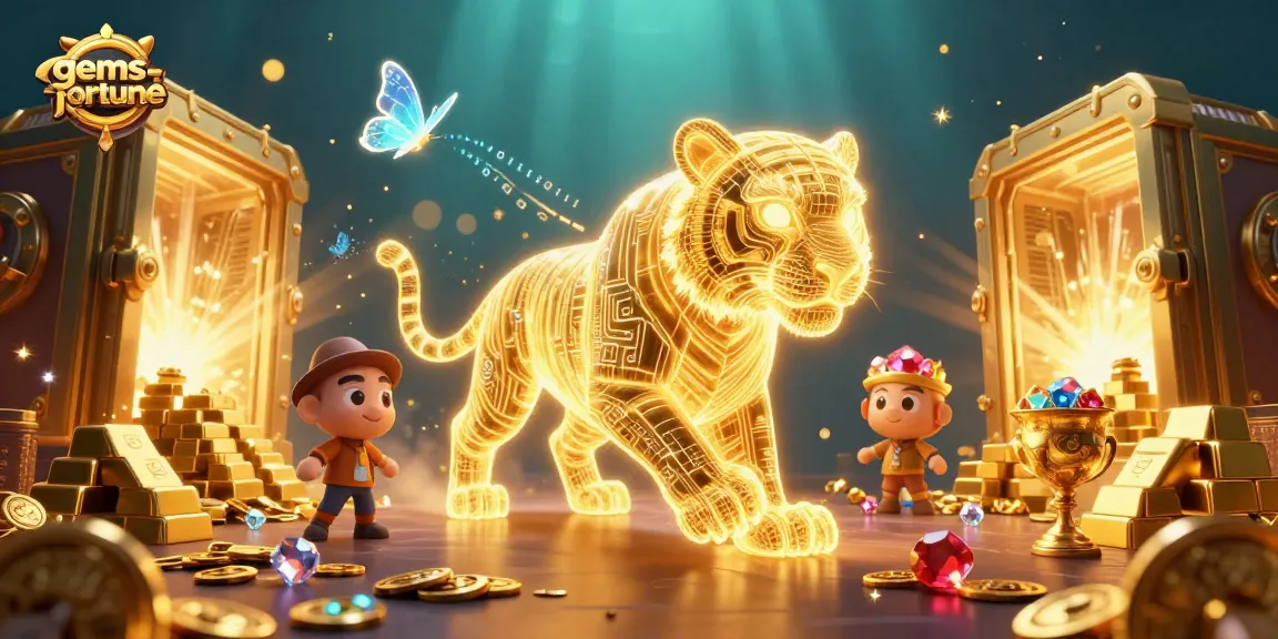 Experience the thrilling gems-fortune adventure with a neon golden tiger and dazzling treasures in a casino.