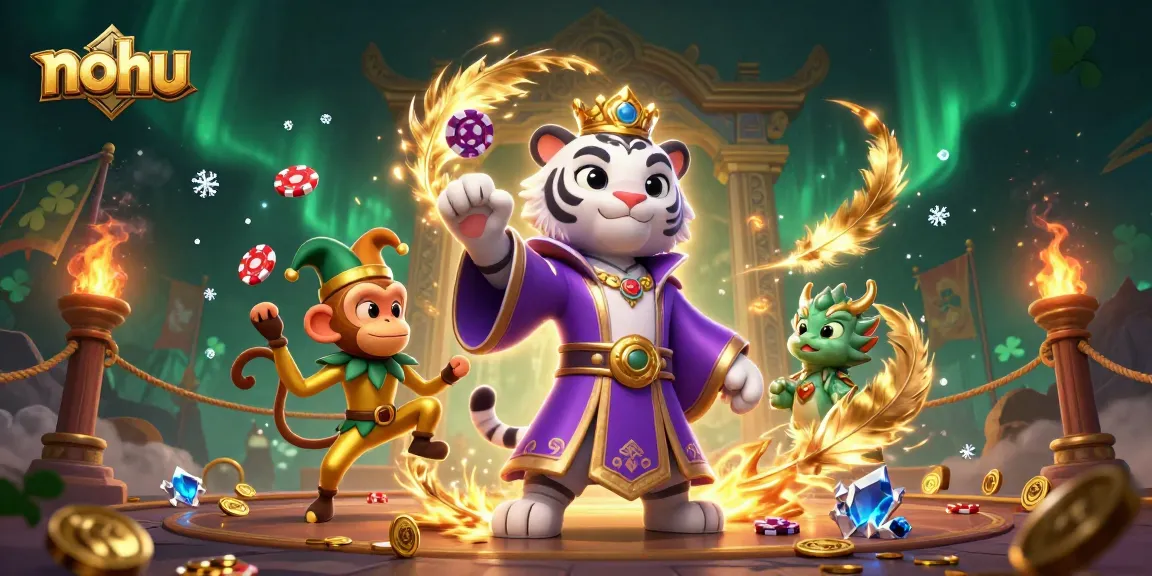 Nurture your luck with nohu, a vibrant 3D illustration showcasing a royal white tiger, playful monkey, and jade dragon in an action-packed casino scene.