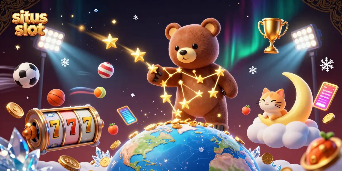 Gambaran karakter beruang konstelasi dan simbol slot yang cerah dalam dunia kasino, situs slot.