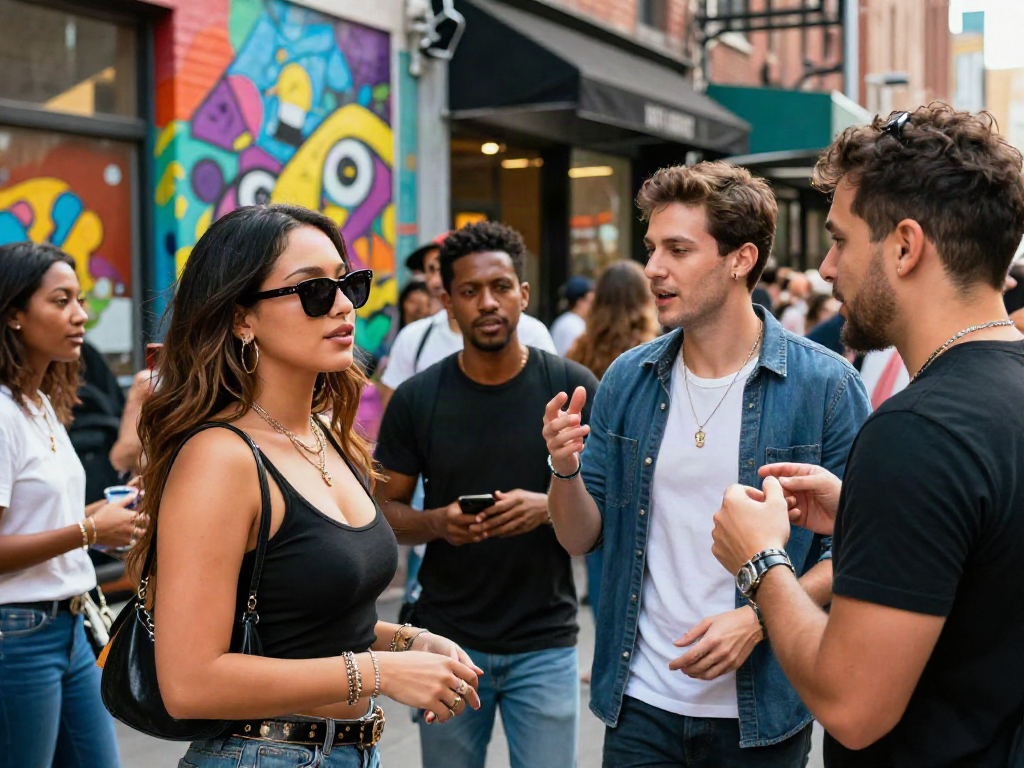 Group of people resembling look alikes of famous people enjoying urban life, showcasing individuality and style.