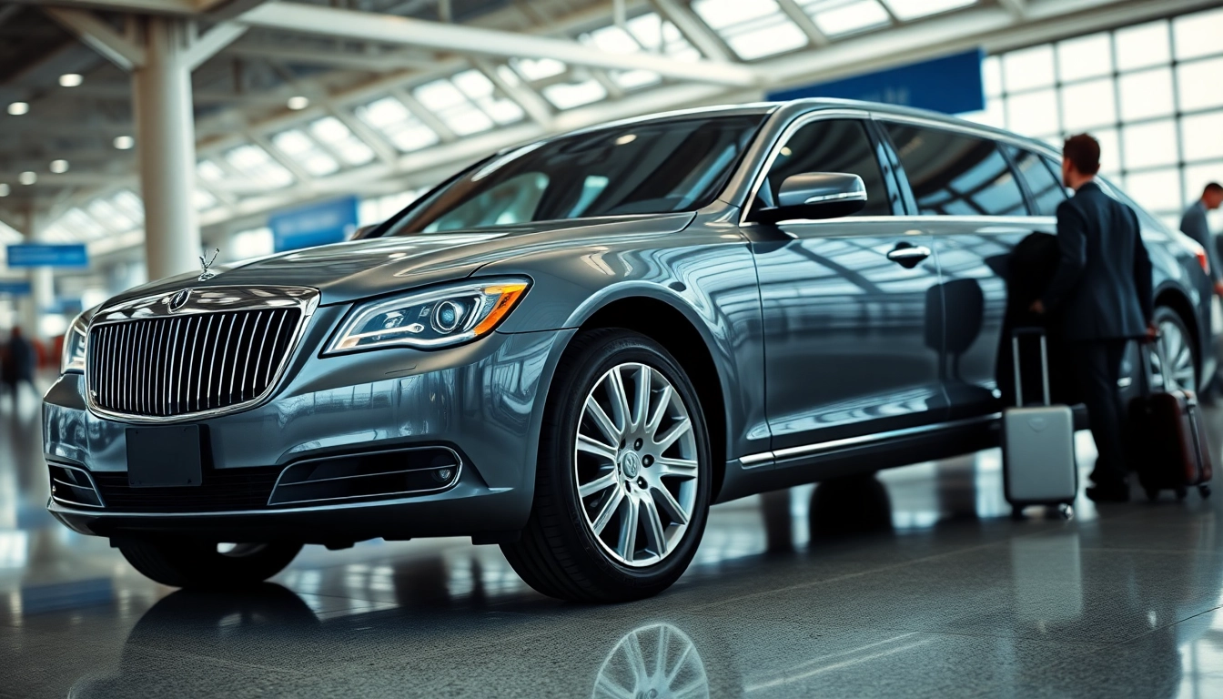 Luxurious airport limo ready for passengers at the airport terminal, showcasing elegance and style.