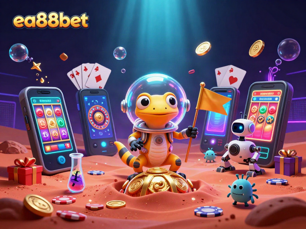 Spin thrilling slots at ea88bet with a Martian gecko in a vibrant 3D casino scene.