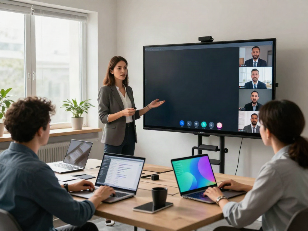 Deepfake protected Online Video Calls, Meetings and Conferencing with a team engaging in a professional video conference setup.