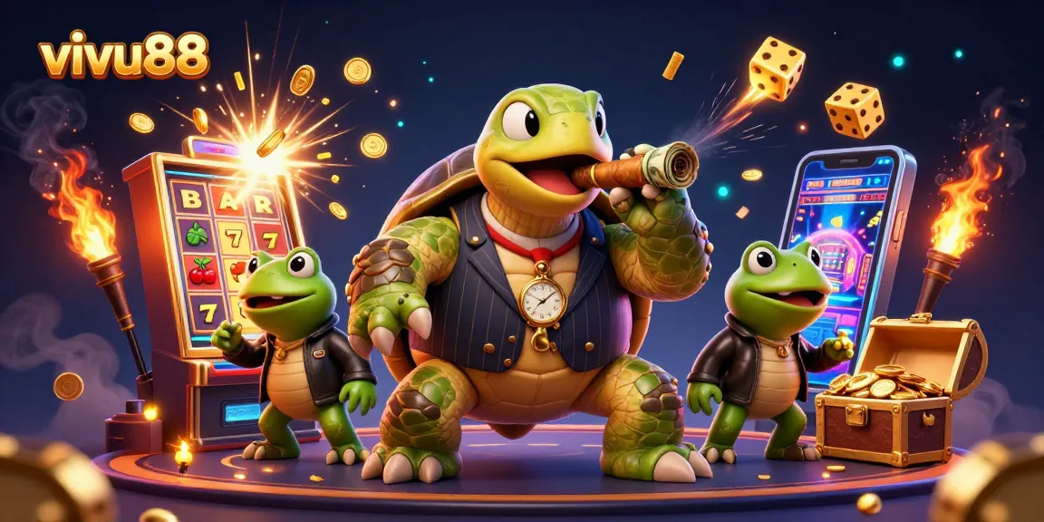 Experience thrilling wins at vivu88 with a lively casino scene featuring a turtle mobster and dynamic games.