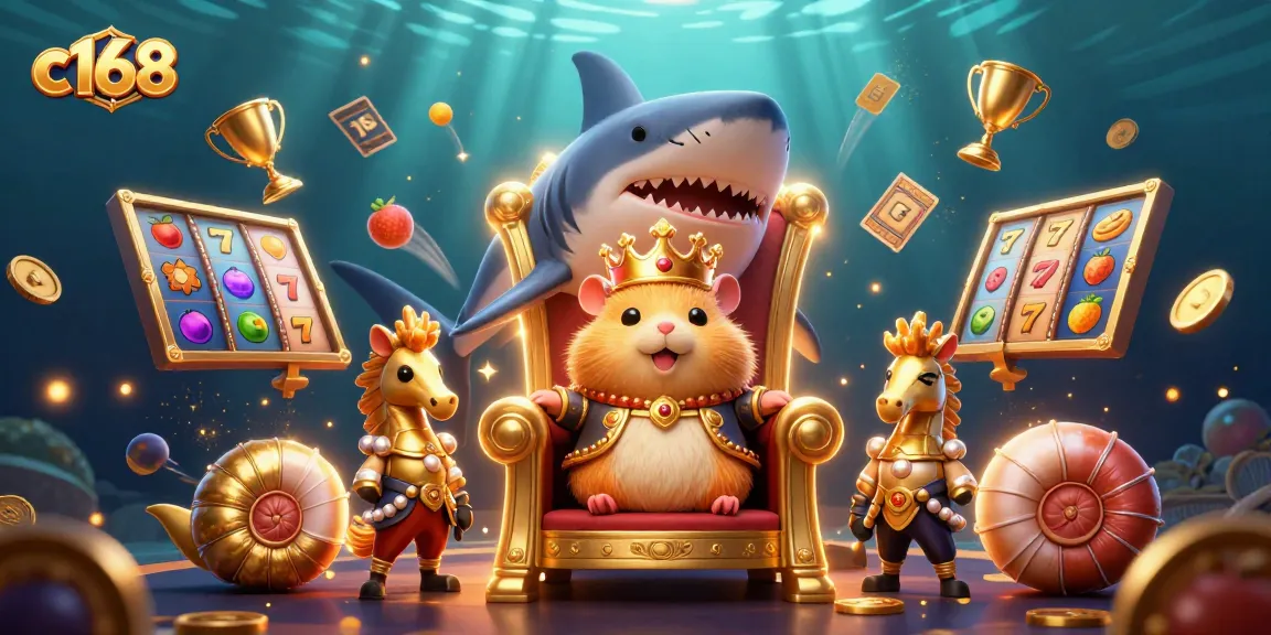 C168, the vibrant underwater casino world features a fierce hamster king, spinning reels, and golden casino elements.