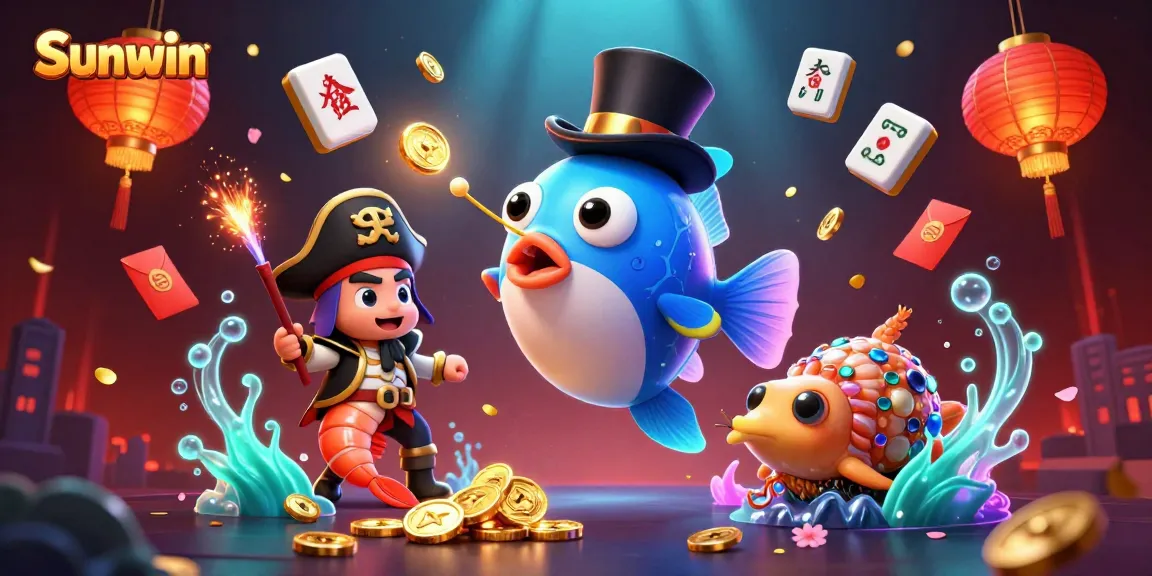 Sunwin brings excitement as a cartoon anglerfish attracts golden coins amidst vibrant casino elements