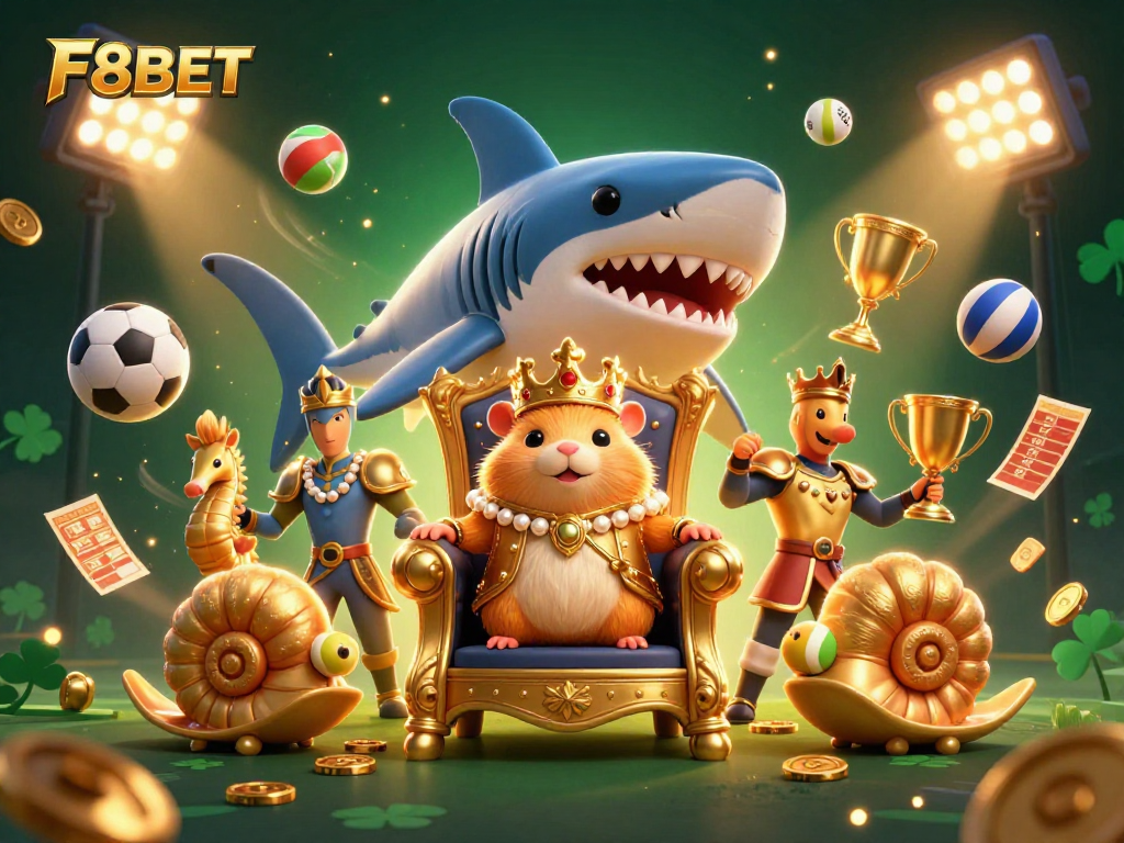 Experience F8BET with a powerful golden hamster king and his royal guards amidst thrilling casino action.