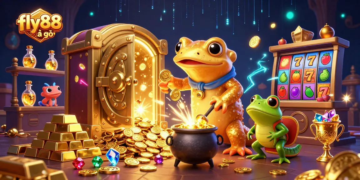 Engage with fly88 là gì through this vivid illustration showcasing a golden salamander alchemist in a bustling casino.