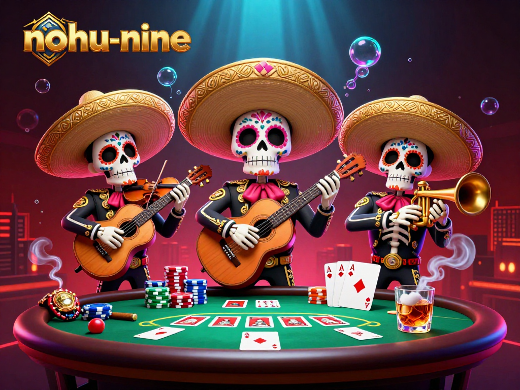 Engage with the thrilling game nohu-nine as mariachi skeletons bring excitement to a poker showdown.