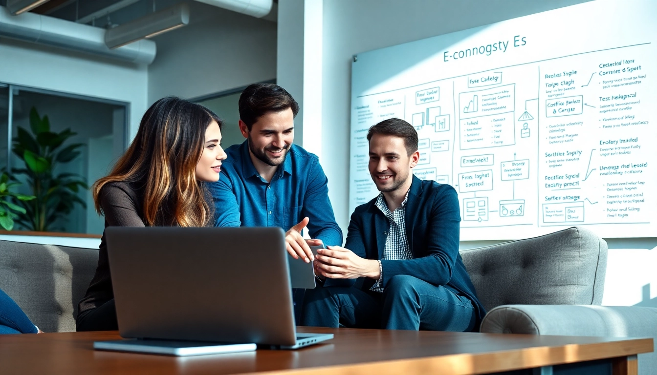 Team brainstorming in a modern office for a Premium Shopify agency, showcasing creativity and collaboration.