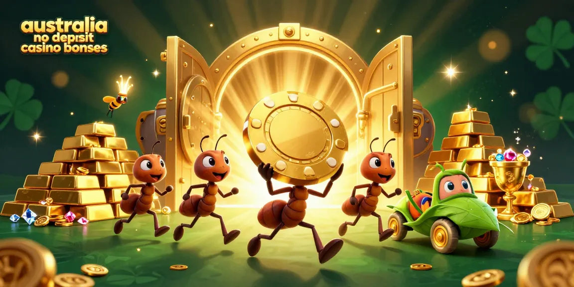 A stunning illustration showcasing australia no deposit casino bonuses with cartoon ants and treasure in a dynamic casino-themed scene.