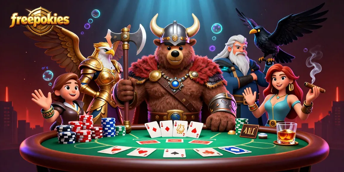 Engage with freepokies featuring a Viking berserker bear, Valkyrie eagle, and vibrant poker scene.