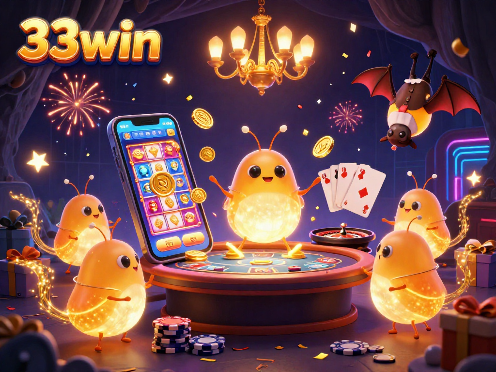 Explore 33win's cave casino scene with glowworm illuminators and vibrant slot games.