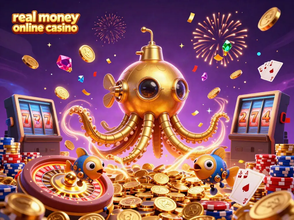 Engage with real money online casino excitement in this vibrant 3D illustration full of dynamic gaming elements and characters.