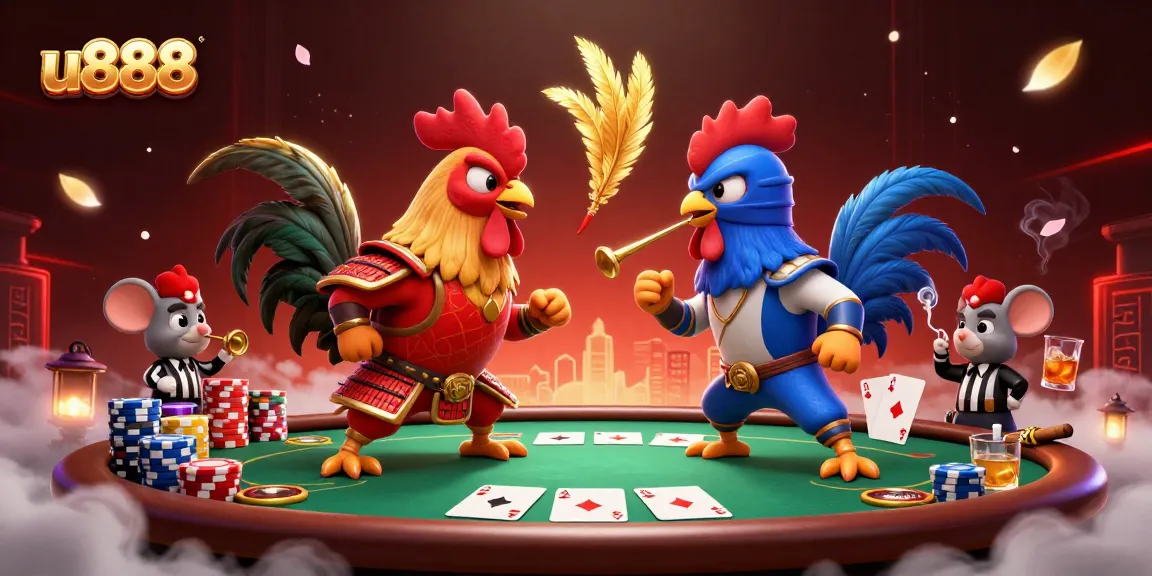 Experience thrilling poker action with u888 in a dynamic rooster battle amidst vibrant casino visuals.