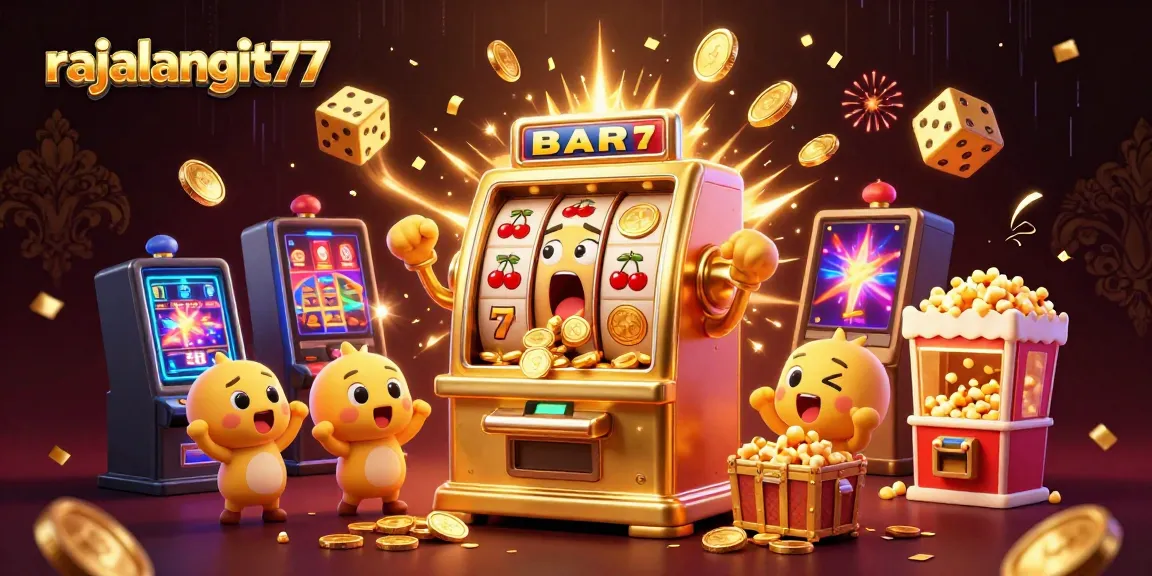Menangkan jackpot dengan rajalangit77, mesin slot mengeluarkan koin emas di sekelilingnya.