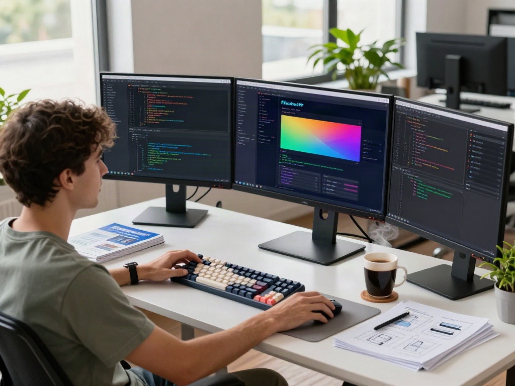 Pikashow APK software developer working at a modern desk with multiple screens and design elements.