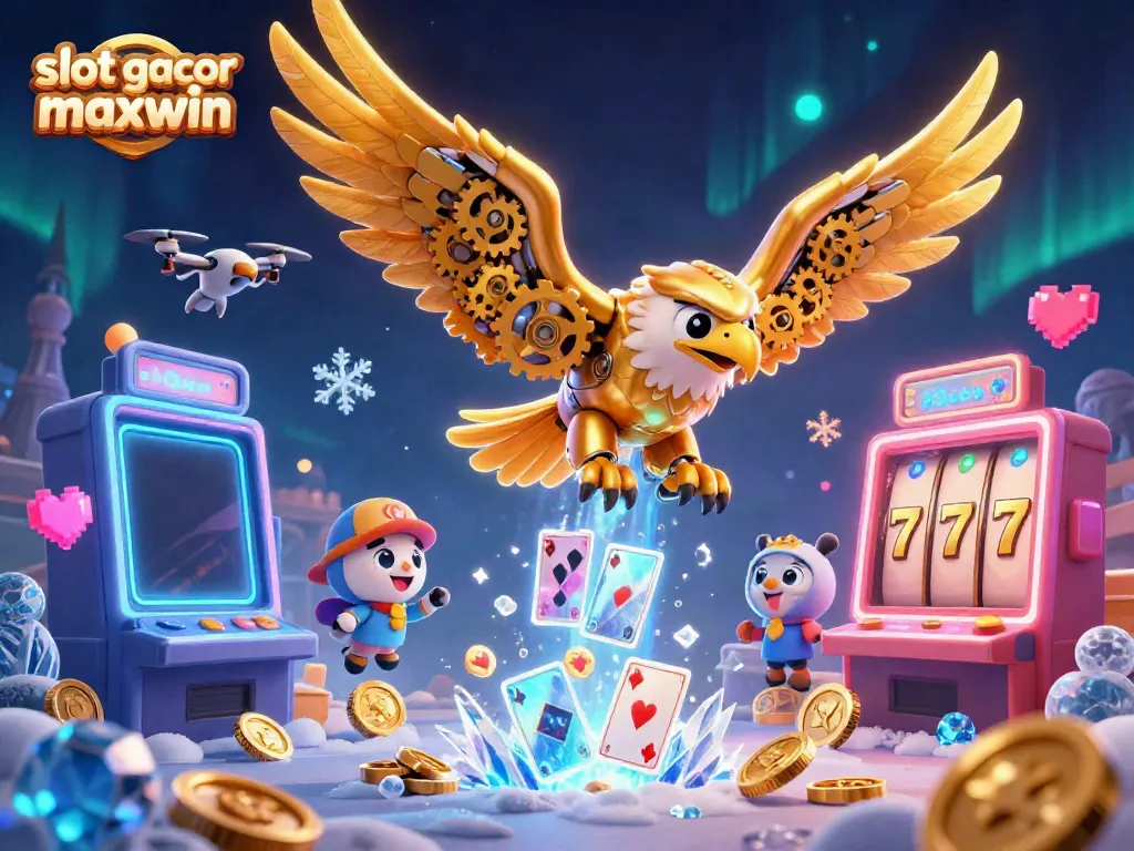 Experience the thrill of slot gacor maxwin with a dynamic 3D scene featuring a golden eagle surrounded by slot machines and glowing elements.
