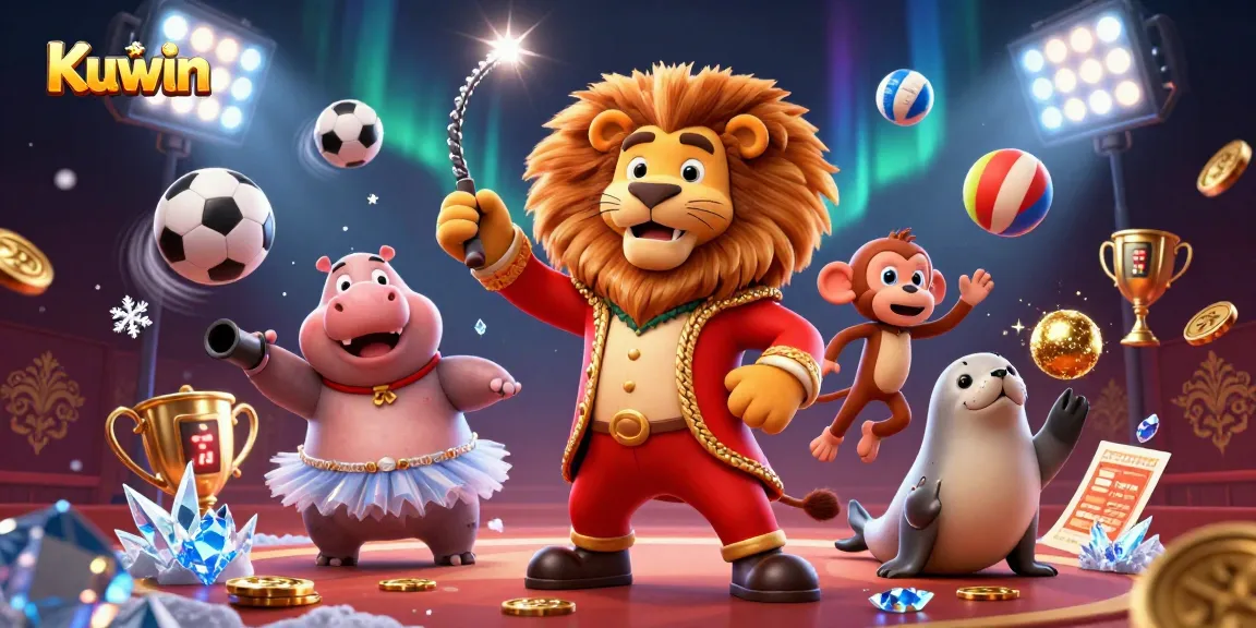 Kuwin brings excitement with a vibrant scene featuring a circus-themed lion and playful casino elements.
