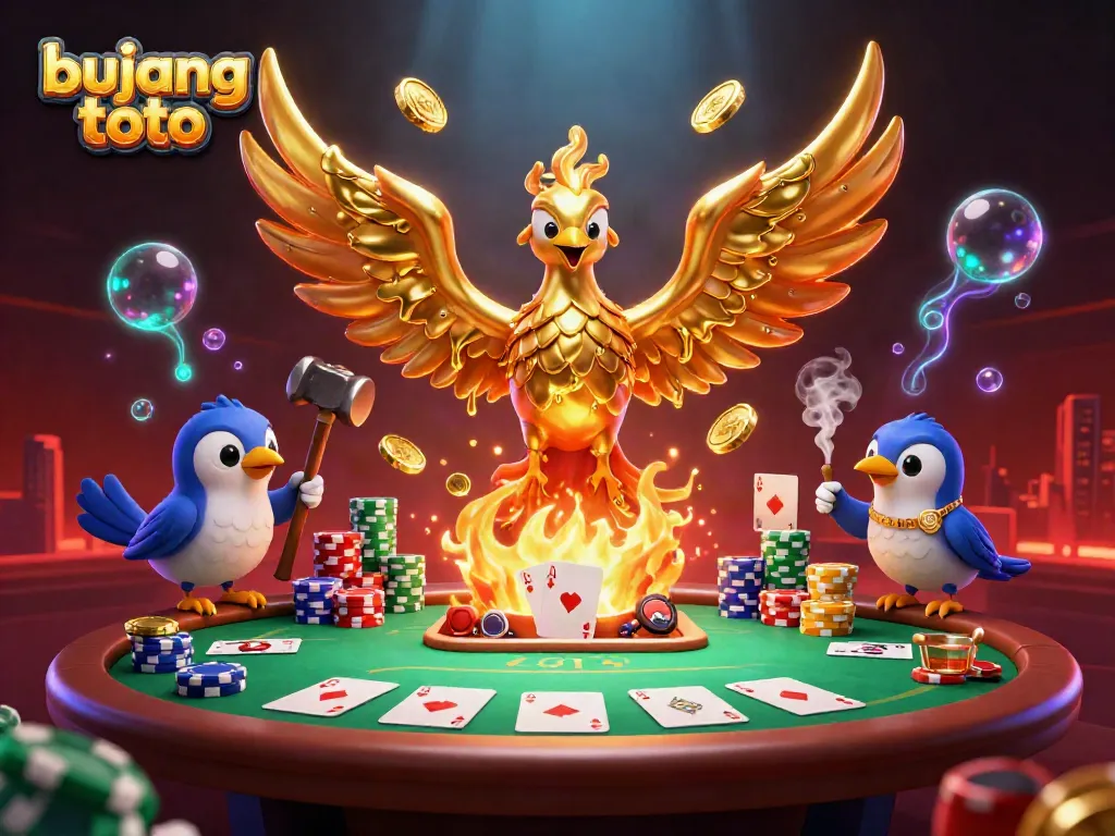 Engage in thrilling gaming adventures with bujang toto, featuring a majestic phoenix and vibrant poker elements.