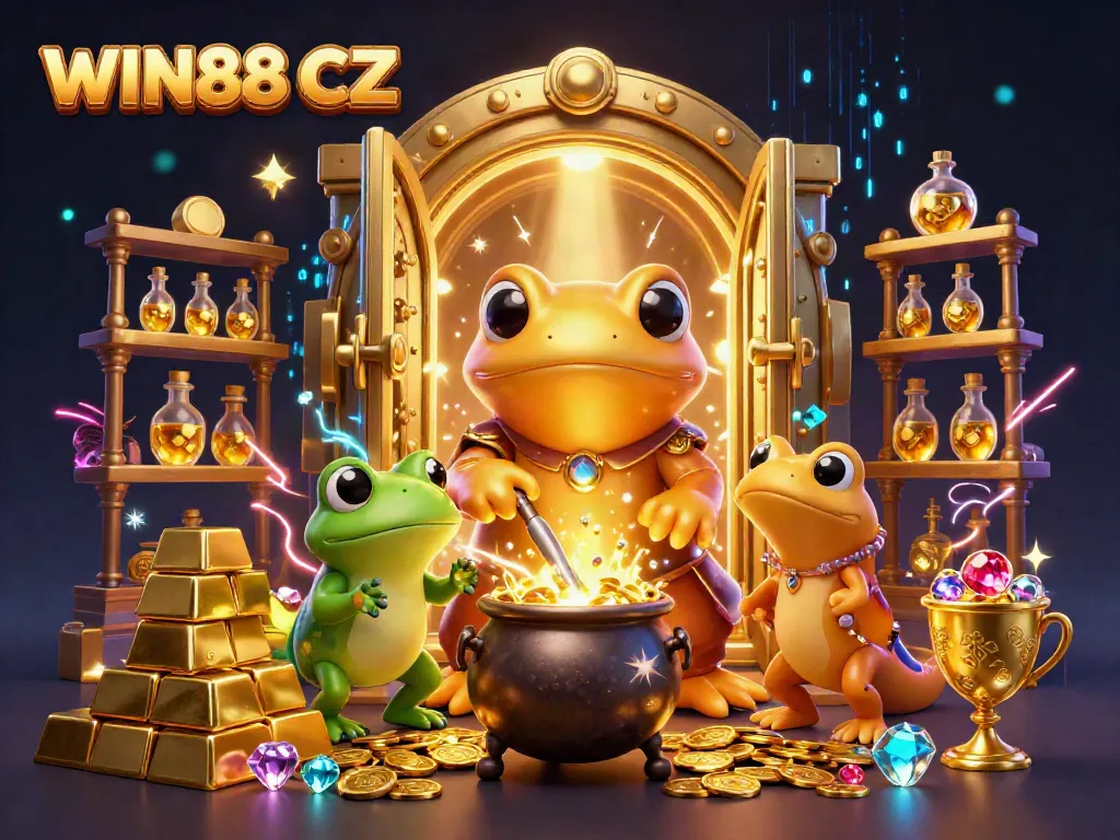 Experience the magic of WIN88 CZ with a golden alchemist and treasure-filled scene in a digital casino.