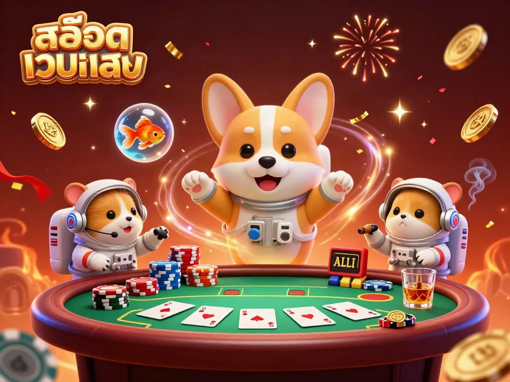 Experience สล็อตเว็บตรง in a vibrant 3D casino scene with a floating corgi, chips, and more.