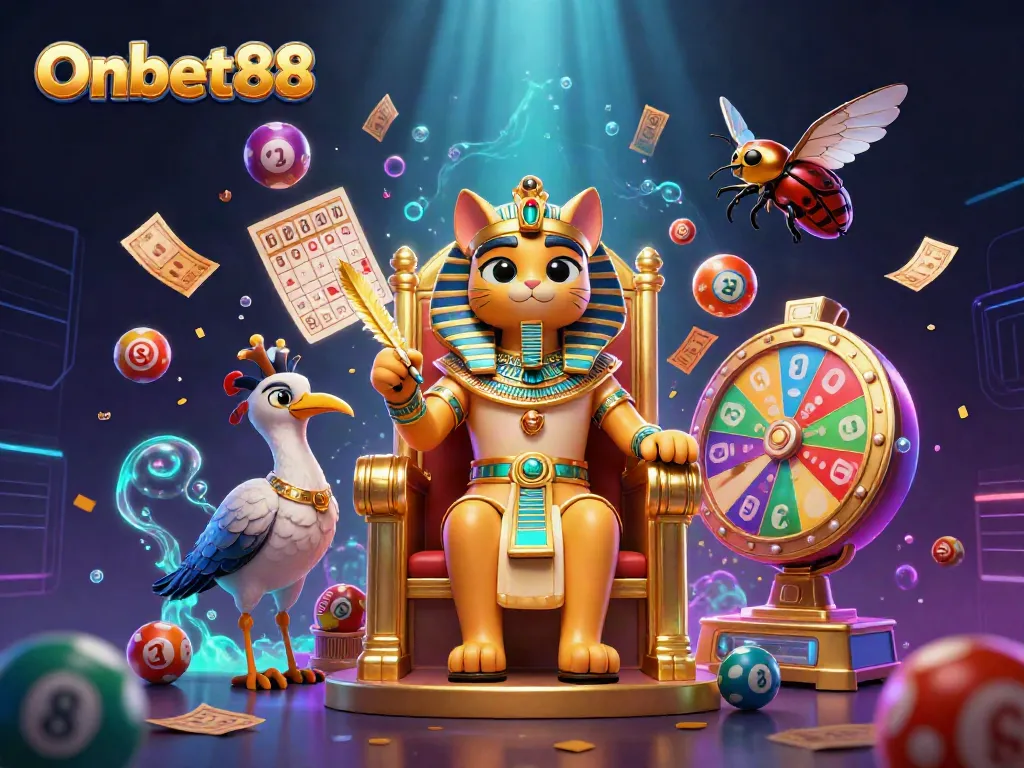 Experience the vibrant excitement of Onbet88 with this dynamic casino-themed illustration featuring a pharaoh cat and thrilling gaming elements.