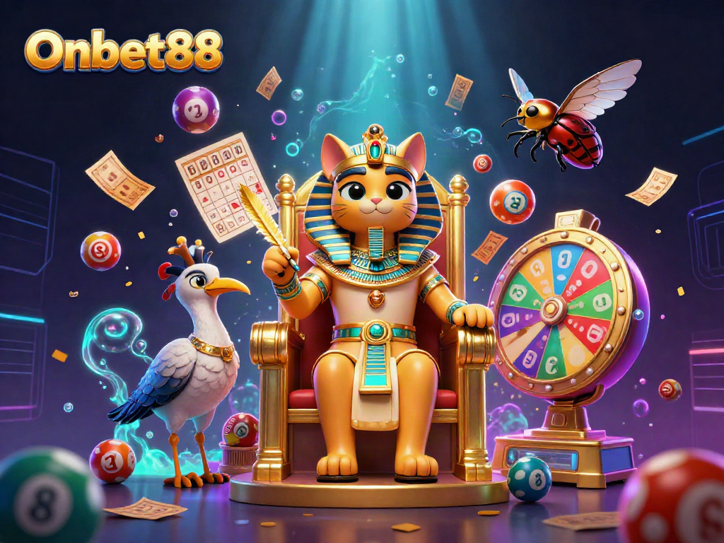 Experience the vibrant excitement of Onbet88 with this dynamic casino-themed illustration featuring a pharaoh cat and thrilling gaming elements.