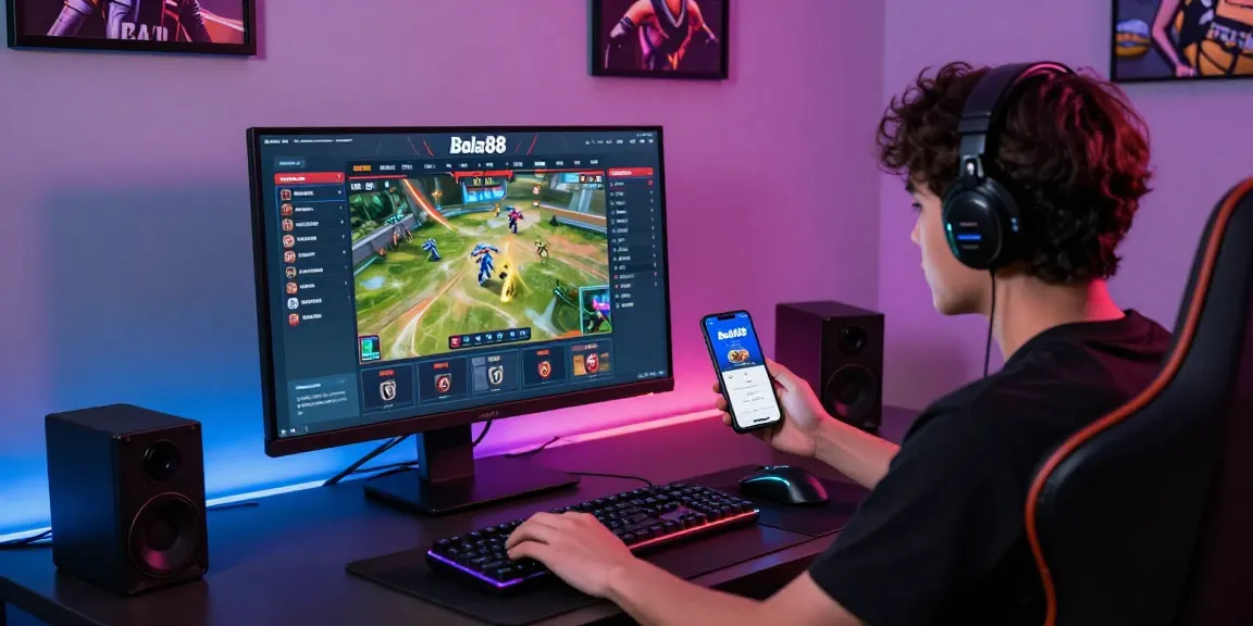 Bola88 online gaming experience with user engaging in live betting on a modern setup, high-resolution monitor displaying odds and highlights.