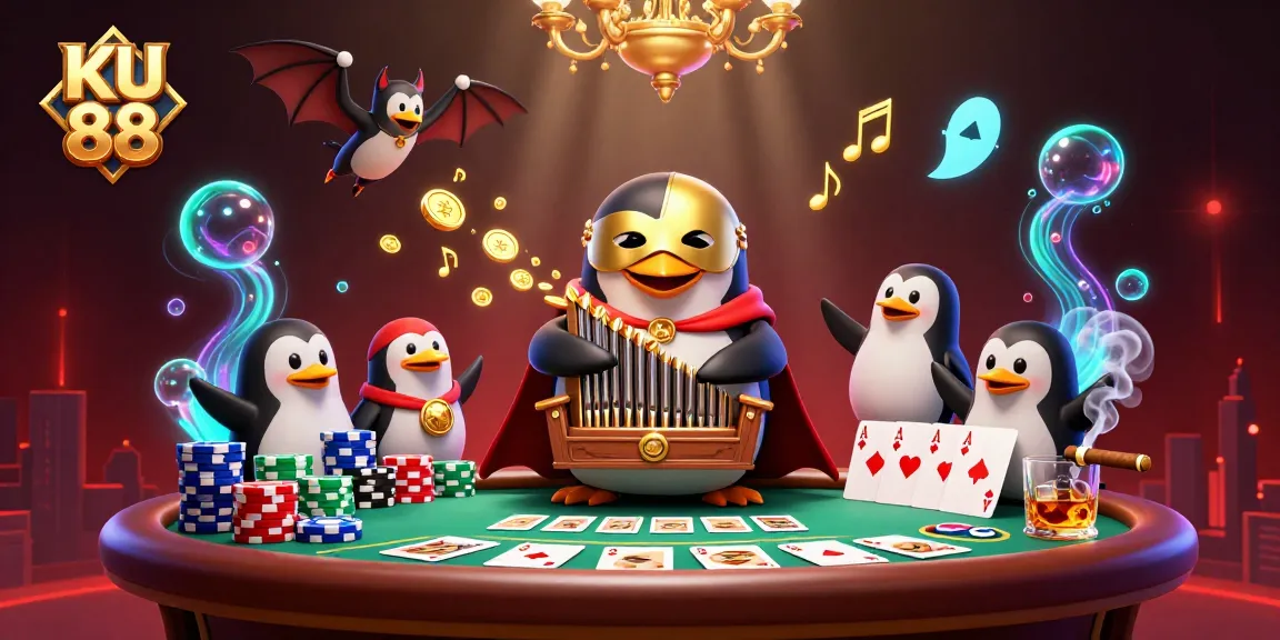 Experience the thrill of KU 88 with a captivating scene of a penguin playing organ, surrounded by poker action.