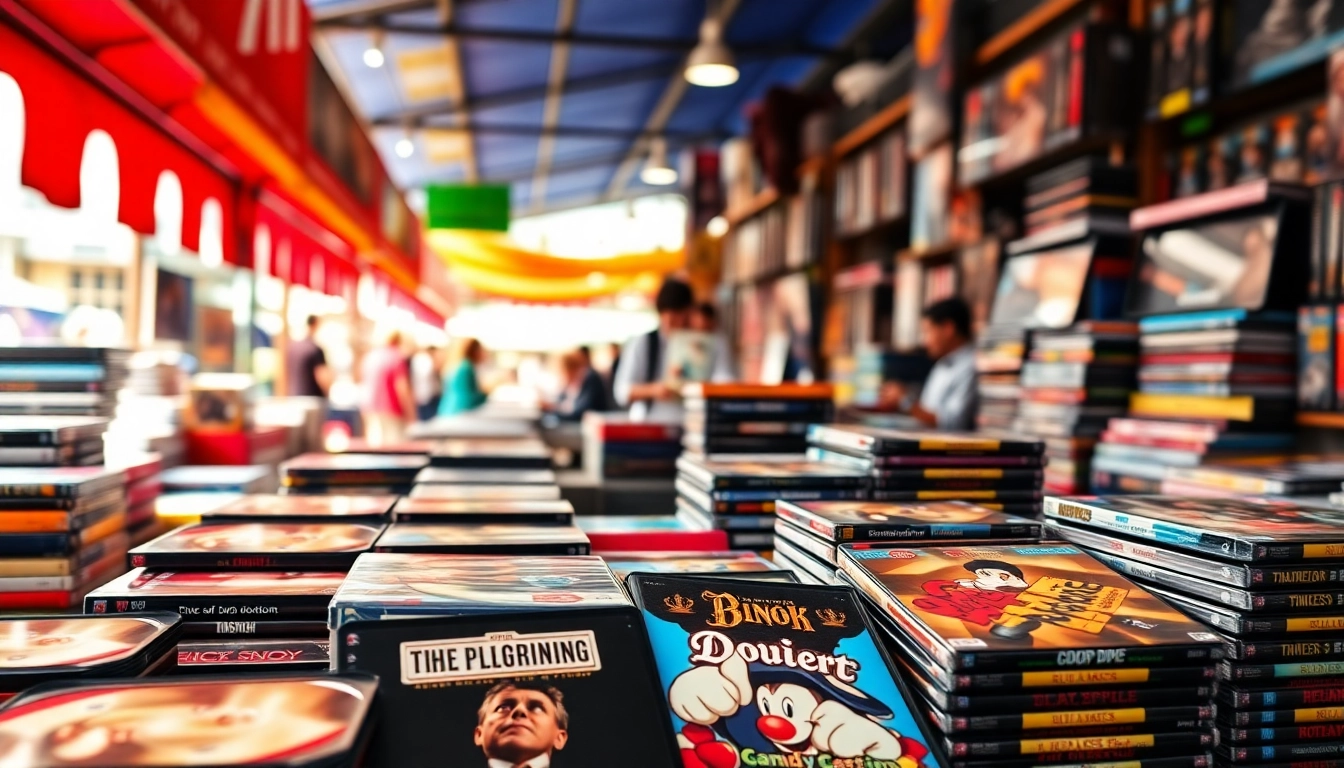 Explore a vibrant display of bulk DVDs, showcasing an exciting variety of movie titles in a lively market setting.