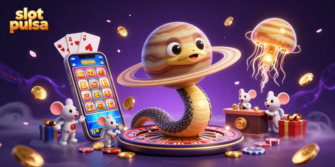 Experience vibrant slot pulsa gaming action with astronaut mice and a cosmic dealer in this dynamic illustration.
