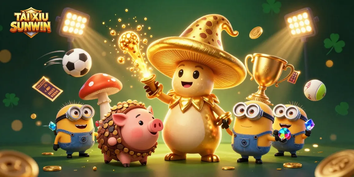 TÀI XỈU SUNWIN offers exciting sports betting action with a dynamic scene featuring game elements and magical characters.