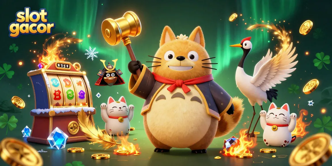 Mainkan slot gacor dengan semangat saat tanuki, crane, dan kucing fortuna merayakan kemenangan kasino.