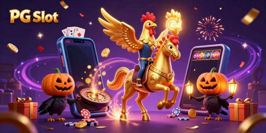 Experience thrilling PG Slot gaming with a golden rooster headless horseman in a magical casino scene.