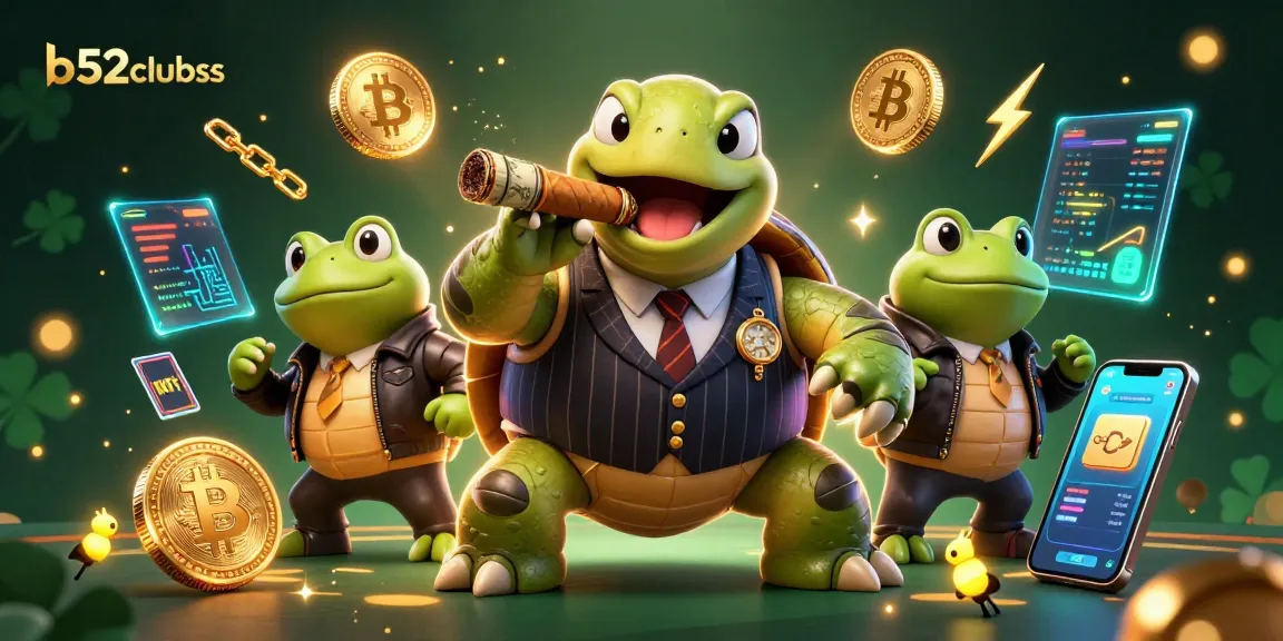 Experience the excitement of b52clubss with a vibrant scene featuring a turtle mobster and crypto coins.