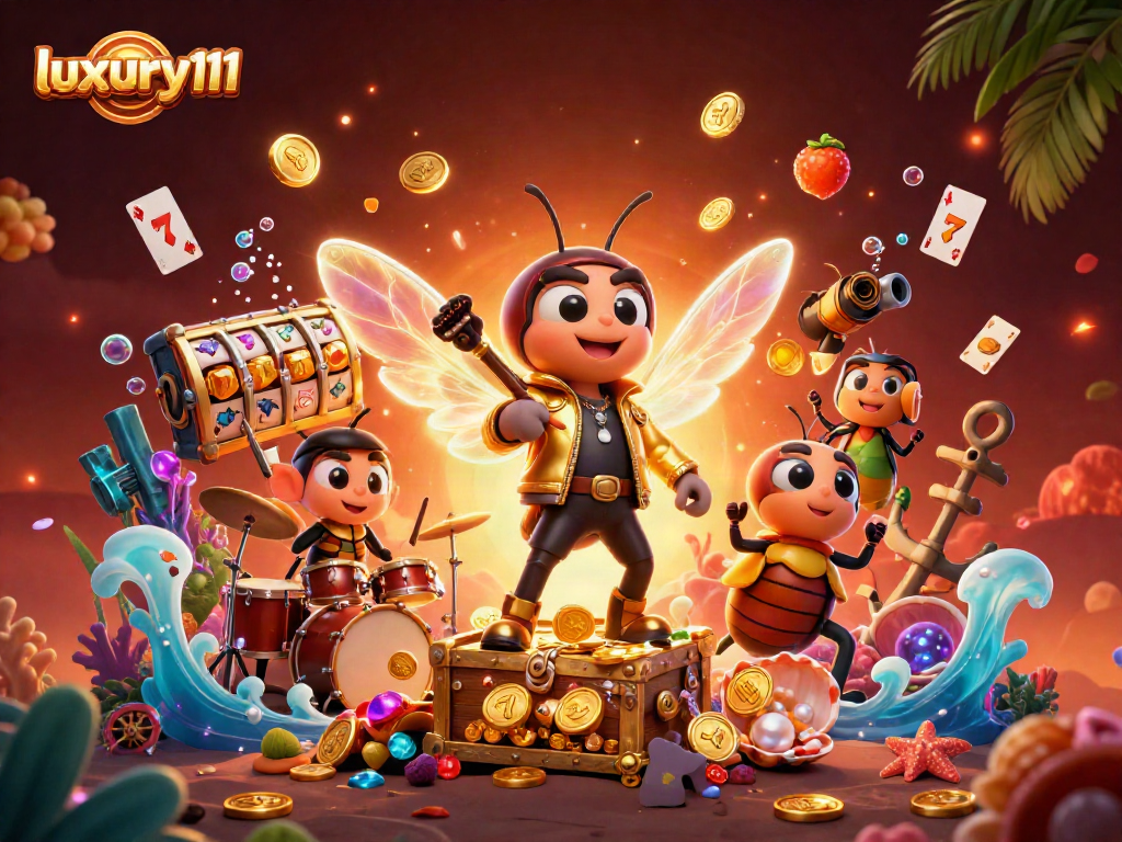 Experience luxury111 with a vibrant 3D scene featuring casino elements like slot reels and gold coins.