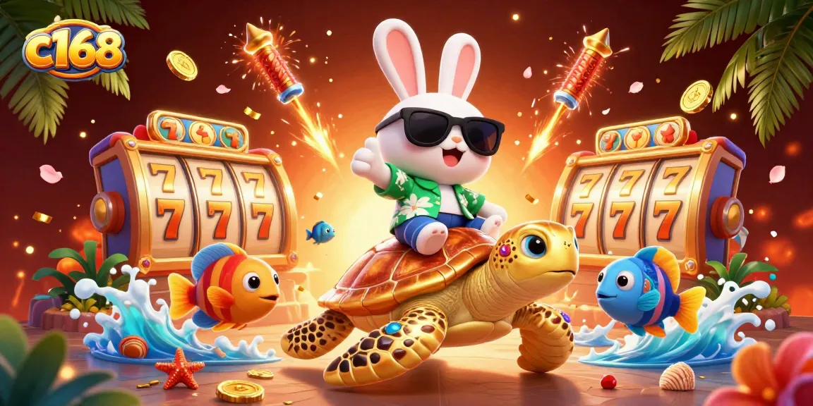 c168 brings excitement in this vibrant 3D scene with a lucky rabbit and a golden turtle amidst spinning slot reels.