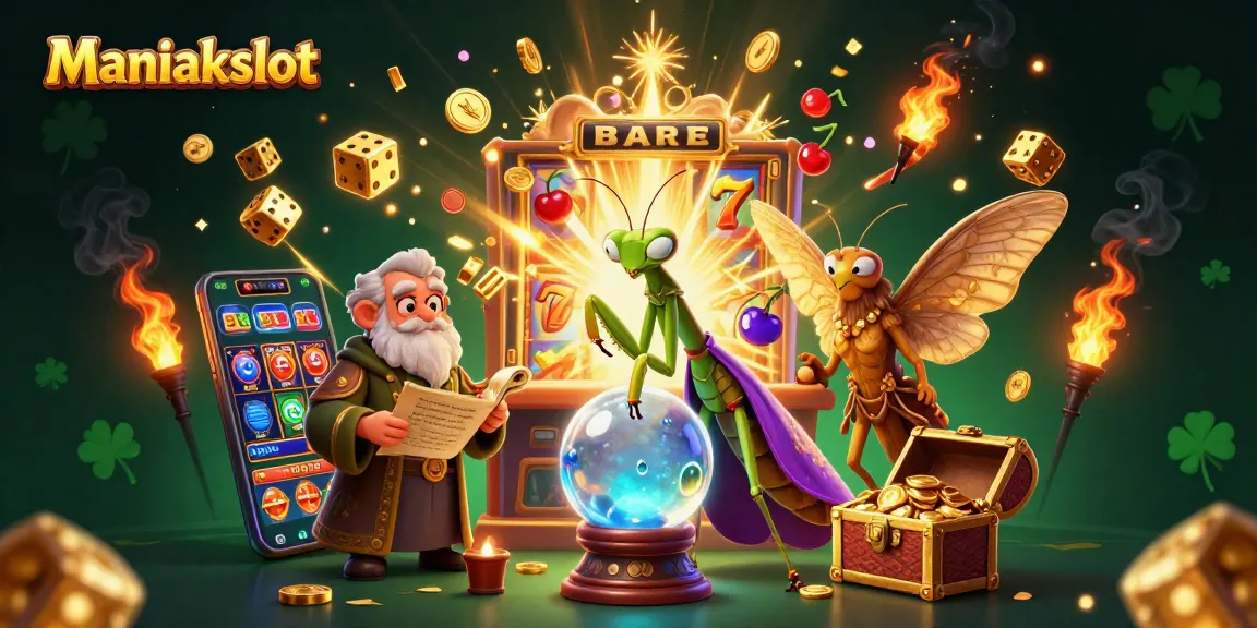 Experience Maniakslot with a vibrant 3D illustration of fortune tellers and slot symbols.