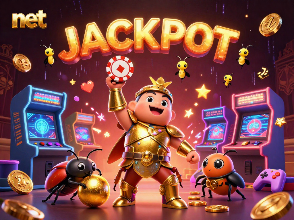 Net gaming experience with a victorious beetle and vibrant arcade elements in a rich casino scene