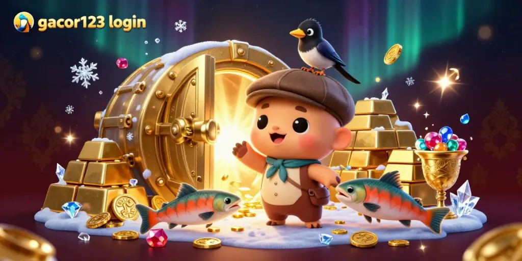 Experience the excitement of gacor123 login with playful characters and golden treasures in this vibrant casino scene.
