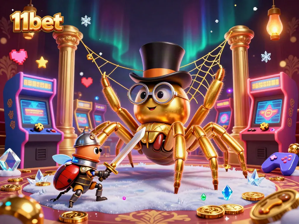 Engage with 11bet in a vibrant, dynamic 3D casino scene filled with colorful arcade elements.