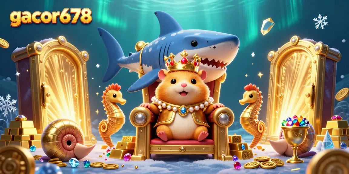 Capture the excitement of gacor678 with a majestic golden hamster king seated on a megalodon throne amidst treasures.
