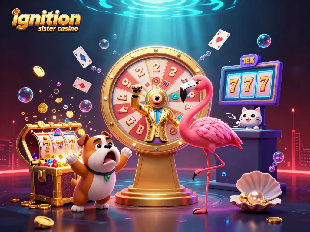 Experience the excitement at ignition sister casino with a lively game show scene featuring a flamingo host and bulldog contestant.