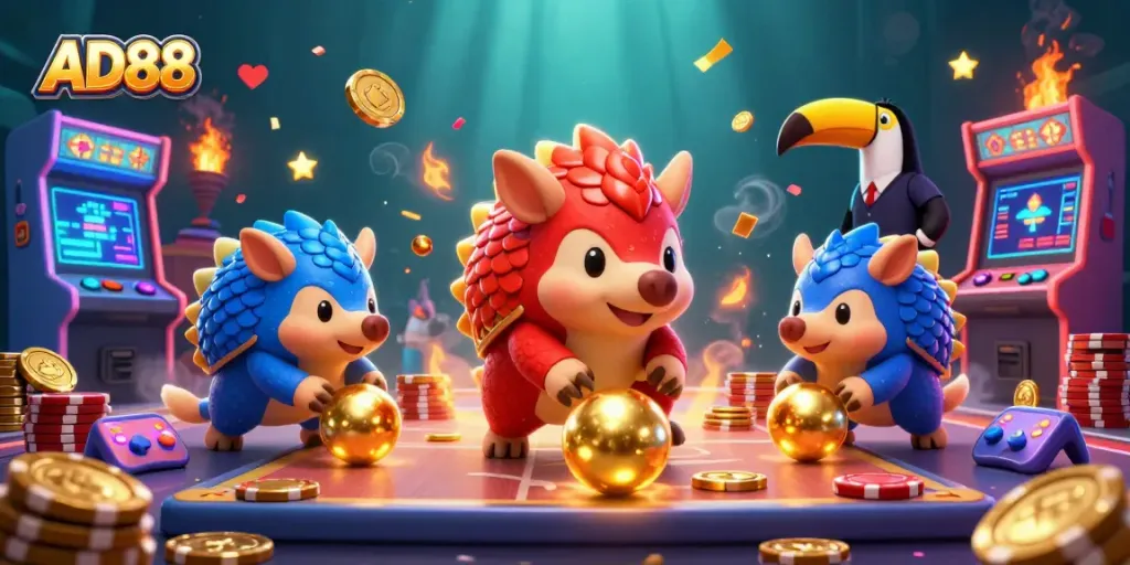 Engaging visual of AD88 featuring playful pangolins competing in a vibrant casino setting adorned with gaming elements.