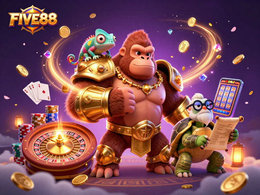 Experience exciting gameplay at FIVE88 with a dynamic scene showcasing a powerful gorilla and vibrant casino elements.