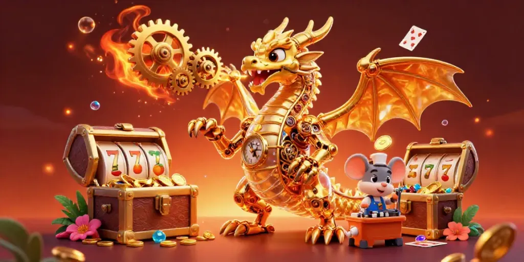 Experience winning moments with luxury12 in this vibrant casino-themed scene featuring a golden dragon and slot elements.
