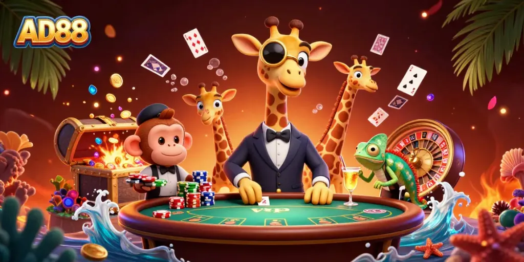 Join the excitement of AD88 with a high-roller giraffe and monkey valet at a VIP poker table in a vibrant 3D scene.