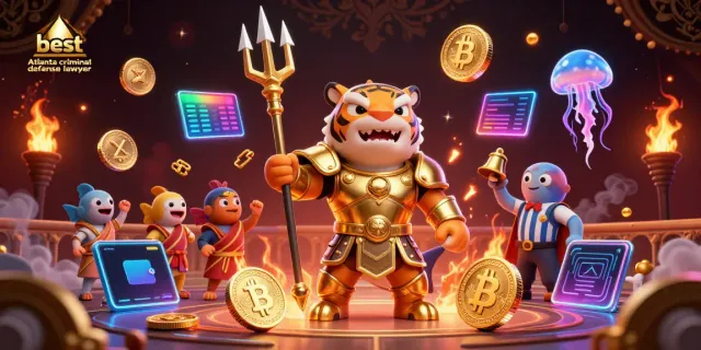 The best Atlanta criminal defense lawyer showcases a dynamic underwater scene featuring a shark in golden armor and crypto elements.